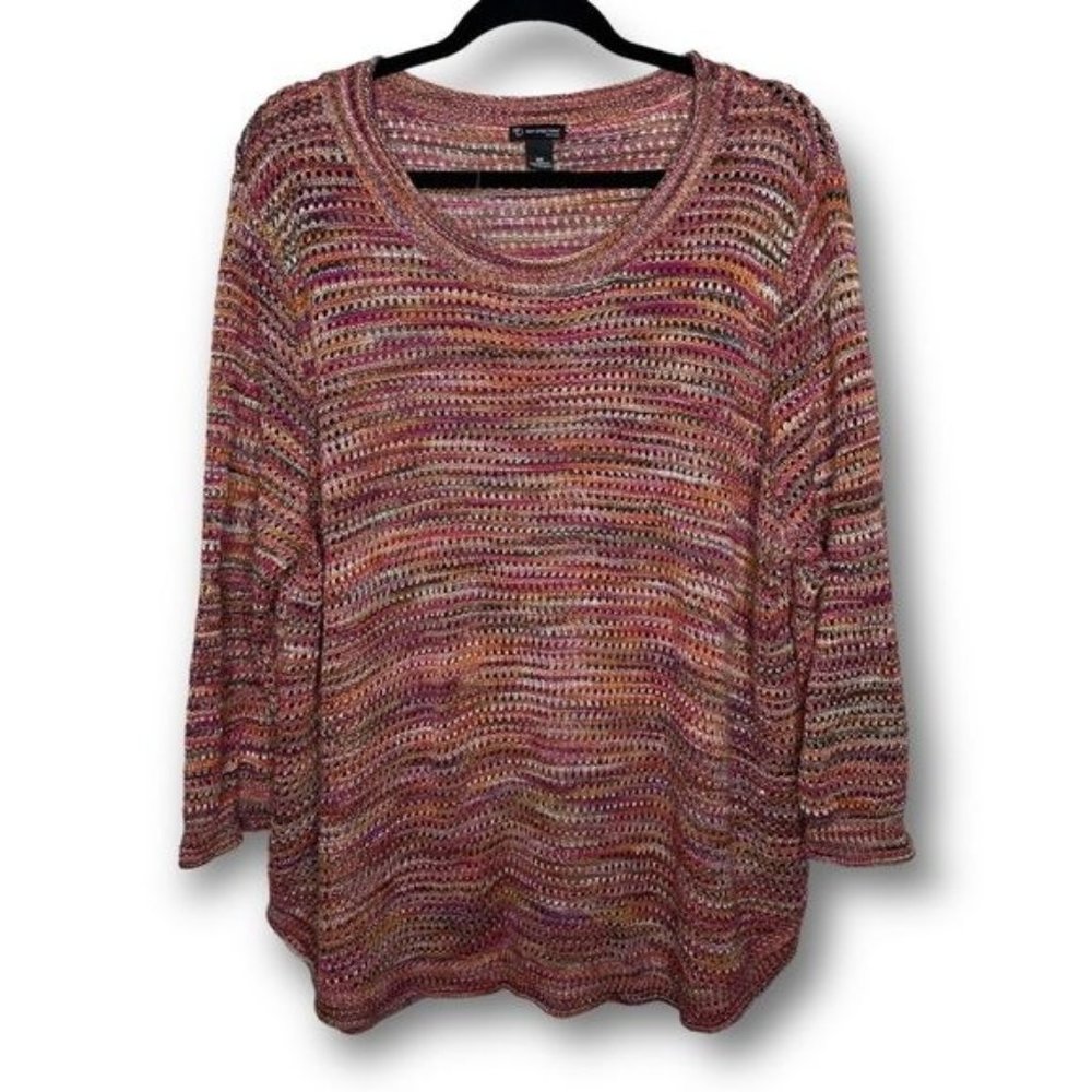 New Directions Womens 3X Red Orange Crochet Knit Lightweight Scoop Neck Sweater